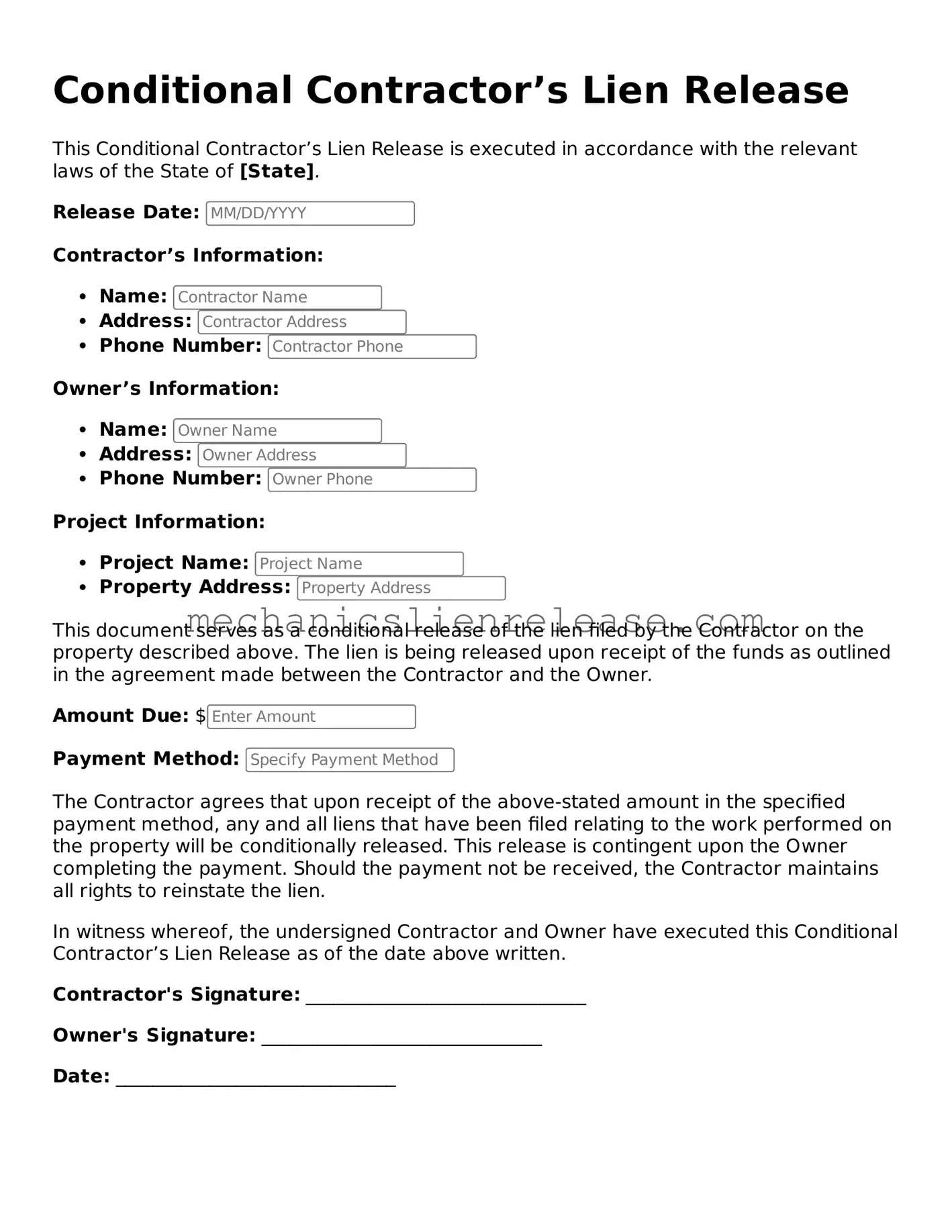Printable Conditional Contractor’s Lien Release Form